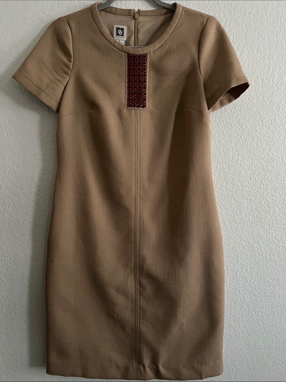 Anne Klein Tan Mini Dress with Red Bead Accent